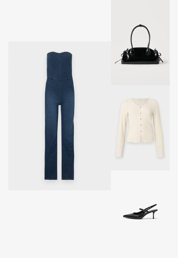 Combinaison en jean bleu foncé avec un design sans bretelles, un corsage ajusté, un pantalon droit et des accents de coutures apparentes.; Cardigan à manches longues couleur ivoire avec un motif tricoté texturé, doté d'un col en V et de cinq boutons métalliques sur le devant. Ourlet festonné.; Talons aiguilles noires en cuir avec un bout pointu, une fine bride réglable, et un talon aiguille d'environ 5 cm, texture lisse.; Petit sac à main noir brillant avec deux longues anses et des détails à cordon sur les côtés sur un fond clair uni.