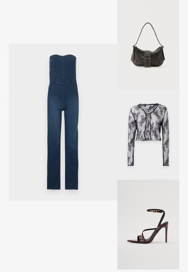Donkerblauwe denim jumpsuit met een strapless ontwerp, nauwsluitend lijfje, recht gesneden broekspijpen en zichtbare stikselaccenten.; Doorzichtige zwarte kant top met lange mouwen, versierd met bloemmotieven, cropped ontwerp, V-hals en knoopsluiting aan de voorkant. Zachte textuur.; Bordeaux gepatineerde leren hoge hakken sandaal met een enkelbandje, puntige neus en drie horizontale banden over de voet. Details met gouden gesp.; Zwarte leren schoudertas met gespsluiting aan de riem, afgeronde hoeken en contrasterende witte stiksels op een effen achtergrond.