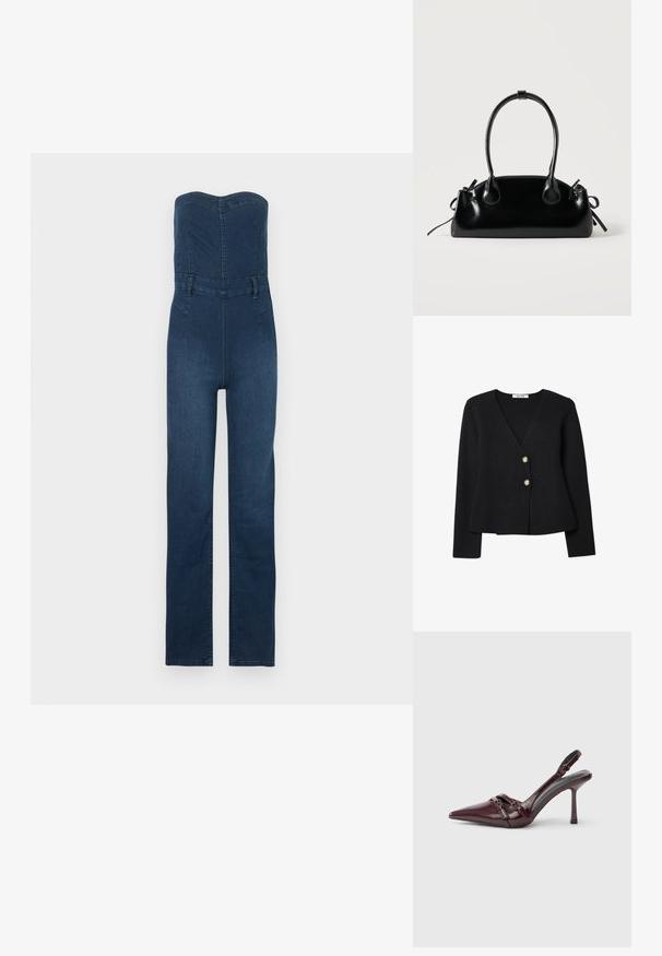 Mørkeblå denimdragt med stropløs design, tætsiddende overdel, bukser med lige ben og synlige syningsdetaljer.; Sort strikket cardigan med v-udskæring, fremhævet af to guldknapper og en let udvidet kant. Blød struktur og lange ærmer.; Bourgogne laklæder slingback-hæl med spids tå, tynd ankelrem og lille dekorativ spænde. Glat tekstur og høj hæl.; Lille sort blank håndtaske med to lange håndtag og snøre-detaljer i siden på en ensfarvet lys baggrund.