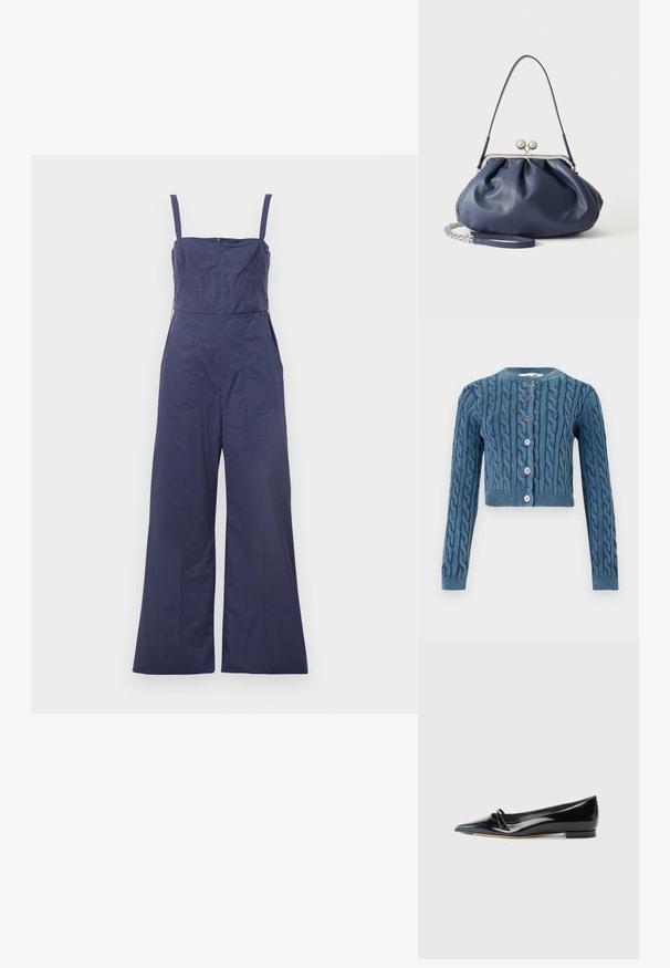 Marineblauwe overall met dunne bandjes, aansluitend lijfje en wijde broekspijpen. Beschikt over een ritssluiting aan de achterkant en een gladde stofstructuur.; Gebreide blauwe cropped cardigan met een kabelpatroon, ronde halslijn en sluiting met vijf knopen. Lange mouwen met geribde manchetten en zoom.; Zwarte gepatenteerde leren platte schoen met een puntige neus, een kleine decoratieve band en een lage blokhak. Gladde textuur en strak ontwerp.; Zachte navyblauwe leren handtas met zilveren sluiting, enkele schouderband en afneembare ketting polsband op witte achtergrond.