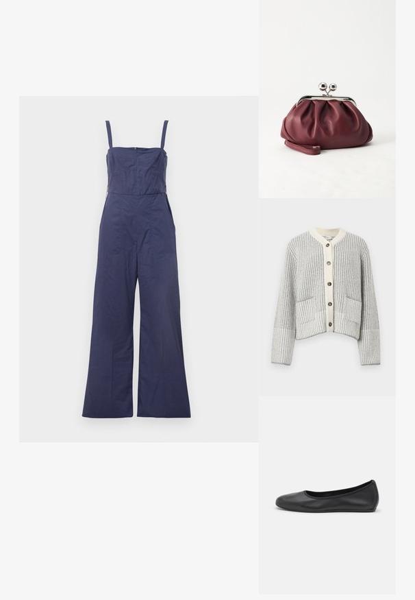 Combinaison bleu marine avec bretelles fines, corsage ajusté et pantalon large. Équipée d'une fermeture éclair au dos et d'une texture de tissu lisse.; Cardigan en mélange de laine gris et crème, présentant un tricot côtelé vertical, un col en chevrons, six boutons foncés et deux poches frontales.; Ballerines en cuir noir avec un bout rond, texture lisse, détails de couture minimalistes et design de semelle flexible.; Petit sac pochette en cuir bordeaux avec fermoir métallique argenté et bracelet sur fond blanc.