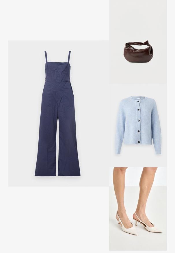 Marineblauwe overall met dunne bandjes, aansluitend lijfje en wijde broekspijpen. Beschikt over een ritssluiting aan de achterkant en een gladde stofstructuur.; Lichtblauwe cardigan van zacht, ribbelachtig materiaal, met een ronde halslijn, lange mouwen en zes zwarte knopen aan de voorkant.; Beige gepatineerde leren slingback hakken met een spitze neus en een hak van 5 cm, met uitsparingen aan de zijkanten en een dunne enkelband.; Donkerbruine leren schoudertas met een zachte, slungelige vorm en een gedraaide knoopvormige handgreep op een effen witte achtergrond.