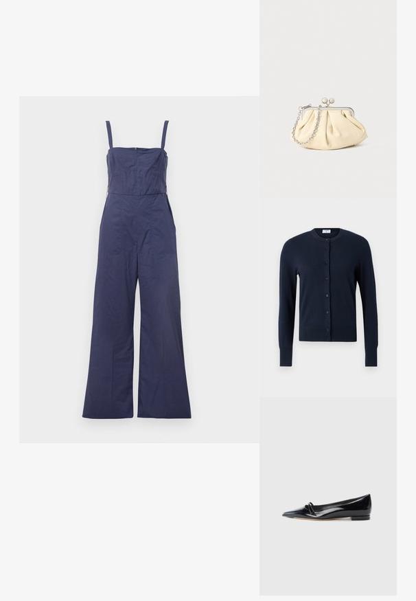 Tumesinine jumpsuit õhukeste rihmadega, sobiva kehaga ja laia jala lõikega. Omab tagumist tõmblukku ja siledat kangast.; Filippa K CARDIGAN - Kardigan - navy; Must have musta musta tume patendiga naha korter king, millel on terav nina, väike dekoratiivne rihm ja madal plokknõel. Sile tekstuur ja elegantses disain.; Kortsus beežist nahast kotike, millel on hõbedane metallraam, kaunistatud kahe ümmarguse dekoratiivse lukuga ja hõbedase ketispideme.