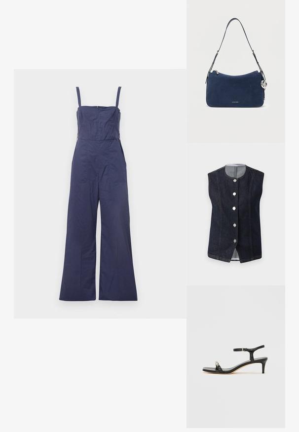 Marineblauwe overall met dunne bandjes, aansluitend lijfje en wijde broekspijpen. Beschikt over een ritssluiting aan de achterkant en een gladde stofstructuur.; Donkerblauwe mouwloze denim vest met ronde halslijn en vijf metalen knopen aan de voorkant, met een lichtgrijze voering zichtbaar bij de kraag.; Zwarte leren sandaal met hak, enkelbandje, open neus, vierkante voorkant en zilverkleurige accenten. Gesloten ontwerp met een slank profiel.; Marineblauwe suède schoudertas met een gebogen vorm, zilverkleurige hardware en een embleemaccent. Voorzien van een lange verstelbare riem en een ritssluiting.