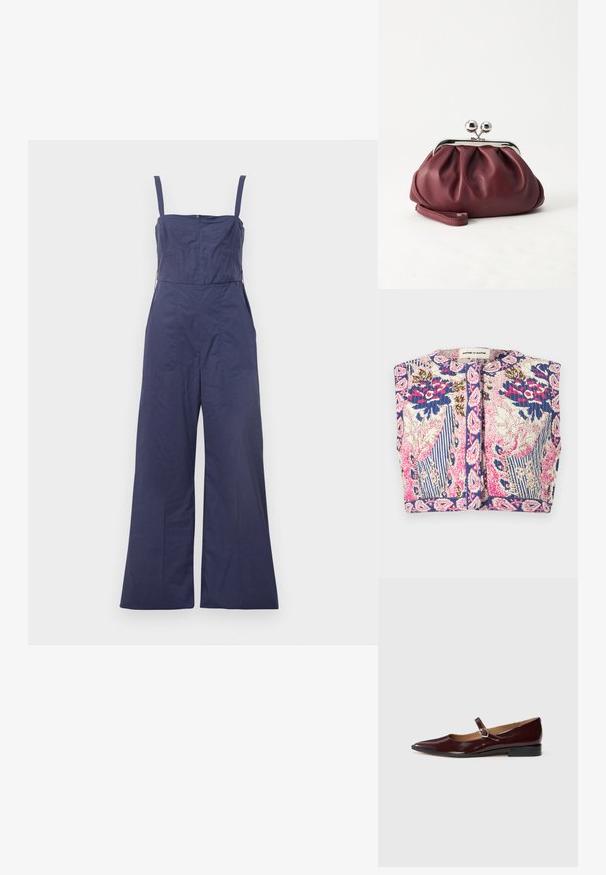 Combinaison bleu marine avec bretelles fines, corsage ajusté et pantalon large. Équipée d'une fermeture éclair au dos et d'une texture de tissu lisse.; Veste courte sans manches avec texture matelassée, présentant des motifs floraux et rayés dans des tons bleus, roses, blancs et marrons, fermeture frontale à boutons.; Ballerines en cuir verni bordeaux de type Mary Jane avec un bout pointu, un talon plat et une sangle décorative avec une boucle circulaire.; Petit sac pochette en cuir bordeaux avec fermoir métallique argenté et bracelet sur fond blanc.