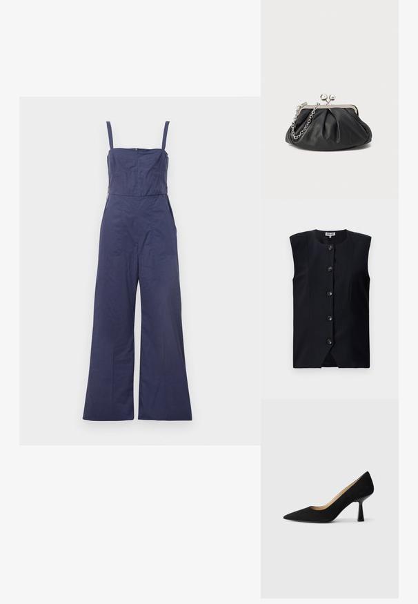 Tumesinine jumpsuit õhukeste rihmadega, sobiva kehaga ja laia jala lõikega. Omab tagumist tõmblukku ja siledat kangast.; Tumed ilma varrukateta vest, otse lõikega, vertikaalsete triipudega ja kuue esipraniga, millel on ümmargune kaelus ja kerge lõhk kõhuosas.; Must värvusest seemisnahast kõrged kontsad terava ninaosa ja läikiva musta plokknalaga, millel on sile sisemine vooder.; Musthave musta nahast käekott, millel on volditud tekstuur, hõbedane metallraam, lukustatud sulgemismehhanism ja kett. Sile ja pehme pind.