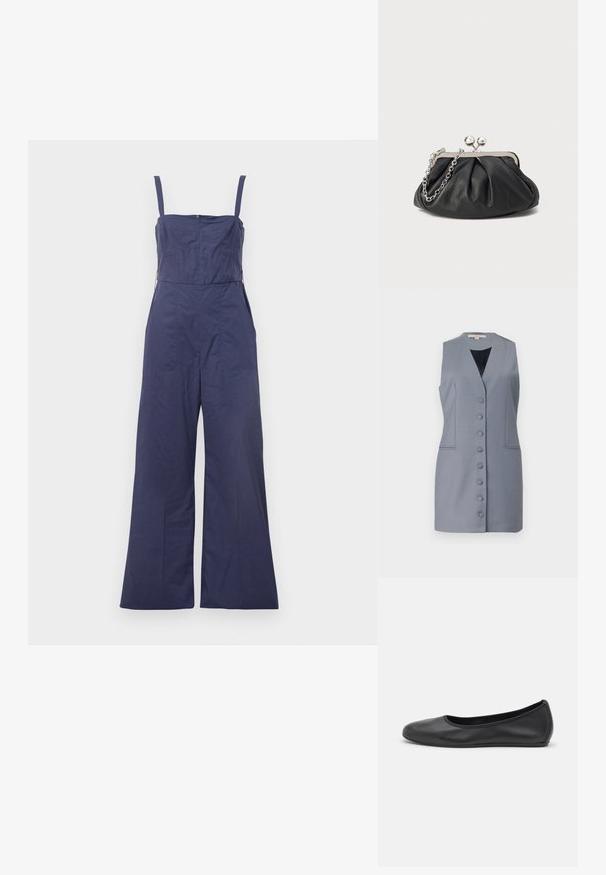 Tumesinine jumpsuit õhukeste rihmadega, sobiva kehaga ja laia jala lõikega. Omab tagumist tõmblukku ja siledat kangast.; Kaeluseta hall kleit V-kaelusega, millel on nööpidega esiosa, küljetaskud ja kohandatud lõige. Valmistatud siledast kangast, millel on peen tekstuur.; Musthave mustika tantsutossud mustast nahast, ümmarguse varbaga, siledast tekstuurist, minimaalse õmblusdetailiga ja paindliku tallakujundusega.; Musthave musta nahast käekott, millel on volditud tekstuur, hõbedane metallraam, lukustatud sulgemismehhanism ja kett. Sile ja pehme pind.