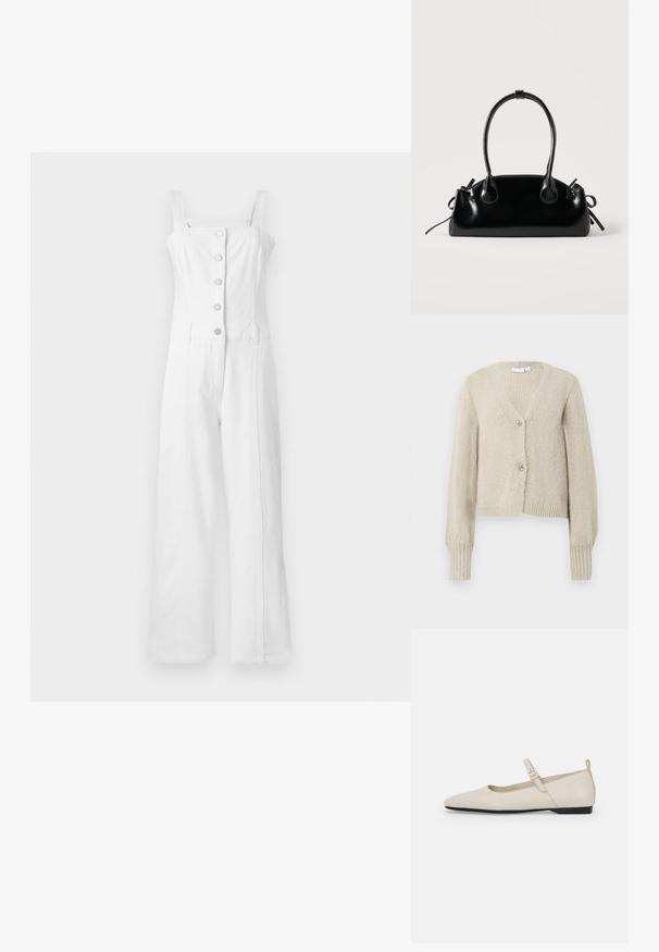 Hvid denim jumpsuit med brede ben, firkantet halsudskæring og justerbare stropper. Har fem knapper foran og sidelommer.; Beige strikket cardigan med lange ærmer, V-hals, ribbede manchetter og kant, samt to dekorative sølvfarvede bueformede knapper.; Hvide ballerinasko i læder med spids tå, ankelsnor og lav sort hæl. Glat tekstur med minimale detaljer.; Lille sort blank håndtaske med to lange håndtag og snøre-detaljer i siden på en ensfarvet lys baggrund.