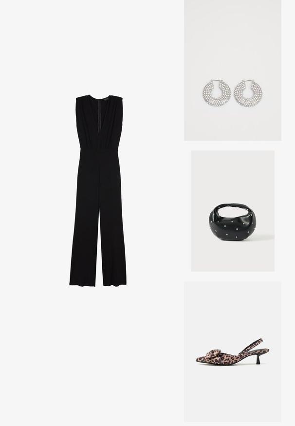 Anna Field by Zalando Combinaison - black; Talons slingback à bout pointu en tissu imprimé léopard avec un accent nœud, dotés d'un petit talon noir et d'une texture lisse.; Sac à main en cuir noir de forme arrondie, décoré de clous argentés et équipé d'une poignée courte. Texture lisse et fermeture éclair.; Boucles d'oreilles en argent en forme de créoles ornées de multiples embellissements en cristal transparent, présentant une surface texturée et un design circulaire ouvert.