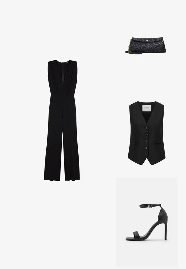 Anna Field Jumpsuit - black; Schwarz taillierte Weste aus einem Stoff mit glatter Textur. Verfügt über einen V-Ausschnitt, fünf Knöpfe und zwei Fronttaschen, gestaltet mit einer figurbetonten Silhouette.; Schwarze hochhackige Sandale mit elegantem Design, featuring einem Knöchelriemen, offener Zehenpartie und glattem Lederfinish.; Schwarze geflochtene Ledertasche mit Klappenverschluss, goldfarbener Hardware und abnehmbarem Kettenriemen. Glatte Textur, elegante Form und minimales Design.