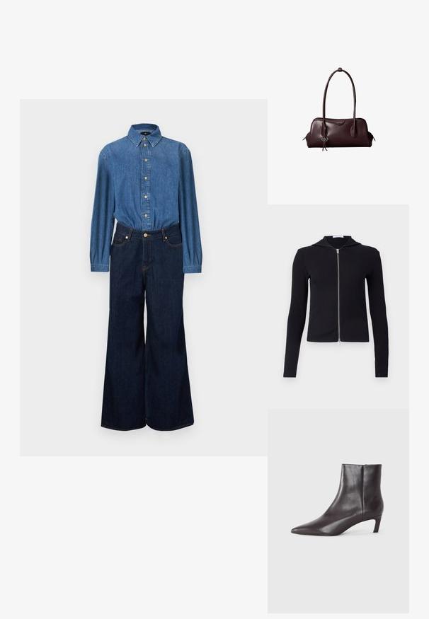 Denimskjorte med knaplukning foran, blåt stof og lange ærmer, kombineret med mørkeblå jeans med høj talje og vide ben. Kontrastsyninger er synlige.; Sort ribbet zip-hoodie lavet af strækstof, med lange ærmer, et tætsiddende design og en lille hætte. Lynlåsen går fra nakken til kanten.; Sort læder ankelstøvle med spids tå og lav kittenhæl, glat finish, lynlås i siden, vist på en neutral baggrund.; Mørkebrun lædertaske fra Calvin Klein med lange dobbelte håndtag og en lille logohængende ved det ene håndtag.