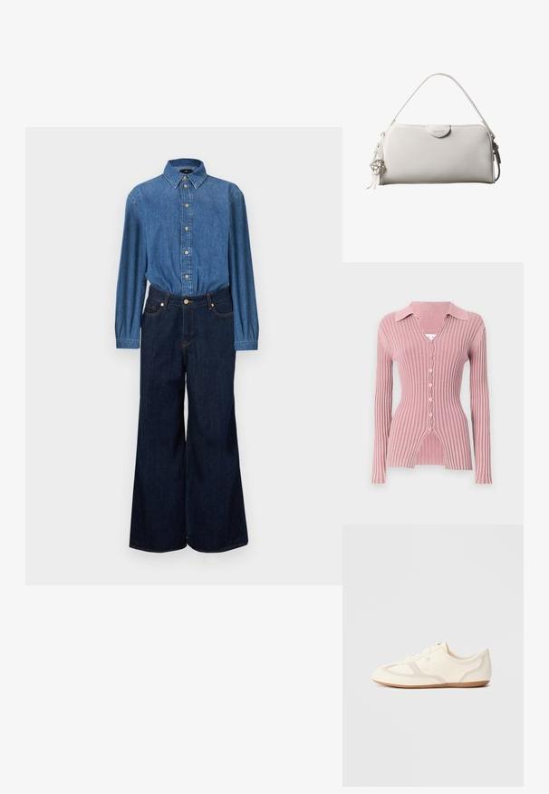Camisa vaquera con botones en la parte delantera, tela azul y mangas largas combinada con vaqueros de talle alto y pierna ancha en azul oscuro. Costuras en contraste visibles.; Cardigan de manga larga y canalé en rosa claro, con un cuello con solapas, escote en V y cierre de cinco botones con un distintivo dobladillo dividido.; Zapatillas de color crema con parte superior de ante y tela, puntera redondeada y suela de goma con un detalle en beige. Diseño con cordones.; Bolso rectangular blanco de Calvin Klein con un solo asa, diseño minimalista y borlas decorativas con un charm metálico geométrico en el lateral.