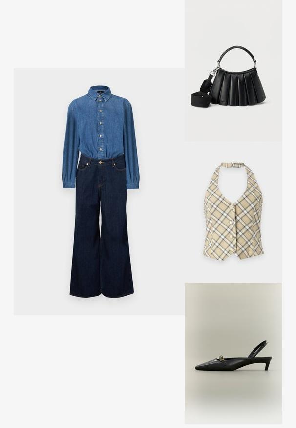Spijkershirt met een knoopsluiting aan de voorkant, blauwe stof en lange mouwen, gecombineerd met high-waisted, wijd uitgesneden donkerblauwe spijkerbroeken. Contrasterende stiksels zichtbaar.; Beige haltertop in ruitpatroon met zwart-witte accenten, voorzien van een diepe V-hals en vijf knopen aan de voorkant. De stof heeft een gladde textuur.; Zwarte lederen slingback kitten heel met puntige neus en klein gouden gespsluiting op een effen achtergrond.; Zwarte leren handtas met plooien, voorzien van een korte handgreep en een afneembare brede stoffen schouderriem, tegen een witte achtergrond.