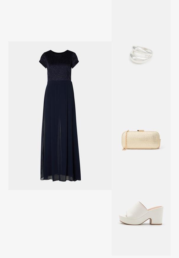 Navyblaues Abendkleid mit kurzen Spitzenärmeln, einem taillierten Oberteil und einem fließenden Rock mit Seitenschlitzen und einem weichen, durchsichtigen Überzug.; Weiße Plateau-Pantoletten mit einer glatten Oberfläche, offenem Zehendesign und einem klobigen Absatz. Merkmale sind eine subtile obere Naht und eine kontrastierende Sohle.; Metallische goldene Clutch-Tasche mit strukturierten Oberflächen, die eine zylindrische Form, einen Kettenriemen und einen Verschluss mit Schnappverschluss aufweist.; Silberner Doppelring mit einer glatten, polierten Oberfläche. Verfügt über ein fließendes, kurviges Design mit überlappenden Abschnitten für einen modernen Look.