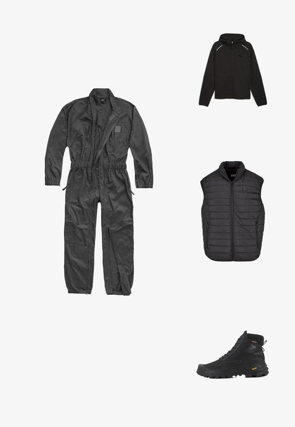 Mono negro de manga larga con cremallera frontal, cintura y puños elásticos, múltiples bolsillos con cremallera y cuello mao con botón a presión.; Chaleco acolchado negro sin mangas con cuello alto, cierre de cremallera, dos bolsillos laterales, costuras horizontales y un pequeño parche de logo en el pecho.; Sudadera negra con cremallera, capucha, mangas largas, bolsillos laterales y pequeño logo de Puma en el pecho, extendida sobre un fondo blanco.; Botas altas negras con superficie texturizada, que cuentan con un diseño impermeable, sistema de cordones y una suela de goma prominente con la marca Vibram.
