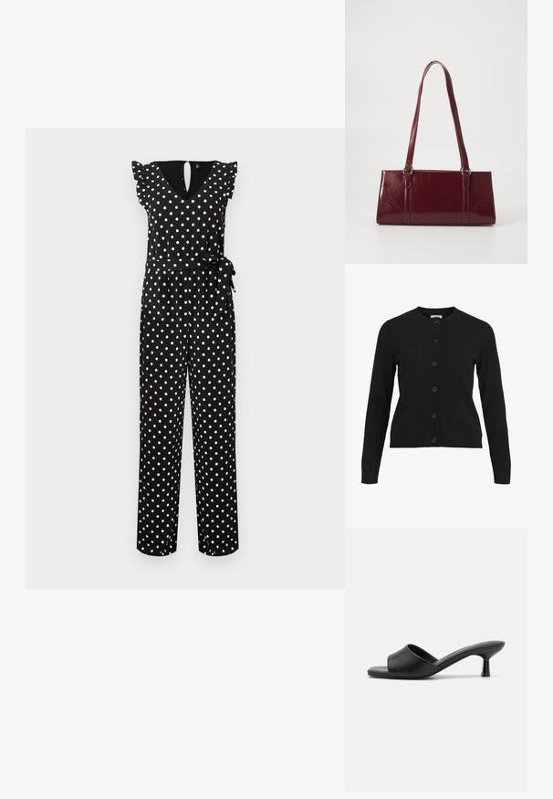Combinaison noire sans manches à pois blancs, col en V, épaules volantées et ceinture nouée à la taille.; Cardigan noir avec un col rond, des manches longues et une fermeture à six boutons sur le devant. Fabriqué en tissu tricoté doux avec des détails côtelés au niveau des poignets et de l'ourlet.; Sandales noires à glisser avec une tige en cuir lisse, bout ouvert et un petit talon brillant. Design minimaliste avec une forme incurvée et une finition épurée.; Sac à main bordeaux en matériau brillant, de forme rectangulaire, avec deux anses et des accents légèrement courbés à l'avant.