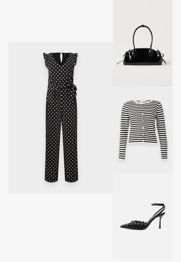 Schwarzer ärmelloser Jumpsuit mit weißen Punkten, V-Ausschnitt, gerafften Schultern und gebundenem Taillengürtel.; Gestreifter schwarz-weißer Cardigan mit langen Ärmeln, runder Ausschnitt, Knopfleiste und weichem Strickmaterial.; Schwarzer, spitzer High-Heel-Schuh mit geschwungenen Kanten, Metallösen, Schnürung vorne und Knöchelriemen mit Schnallverschluss.; Kleine schwarze glänzende Handtasche mit zwei langen Griffen und seitlichen Kordelzug-Details vor einfachem hellem Hintergrund.