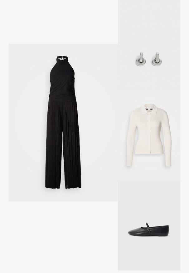Combinaison noire avec un col halter, texture plissée et design à jambes larges. Fabriquée dans un matériau léger, idéale pour les occasions formelles.; Cardigan crème à côtes avec des manches longues, un col et des fermetures à boutons. Caractérisé par une texture douce et une coupe ajustée.; Ballerines noires en cuir avec un bout pointu, une semelle plate et une petite sangle avec un détail de boucle en argent.; Paire de petites boucles d'oreilles créoles argentées brillantes avec une base ronde, présentées sur un fond clair uni.