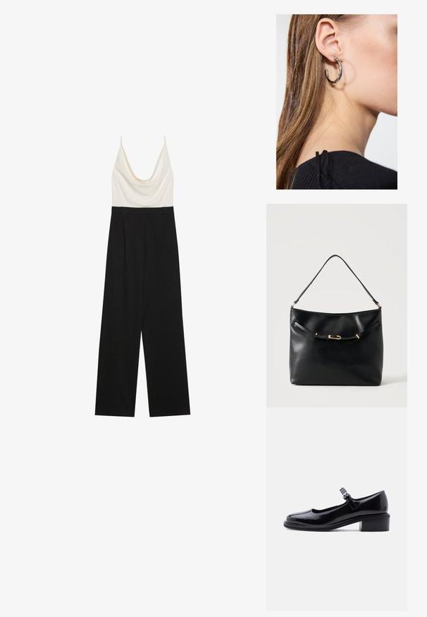 Combinaison à col bénitier présentant un corsage ajusté ivoire et un pantalon large noir, confectionnée dans un tissu léger et lisse. Sans fermetures visibles.; Chaussure Mary Jane en cuir verni noir avec petit talon carré et bride réglable à boucle, sur fond clair uni.; Sac à épaule en cuir noir avec une bandoulière unique et un petit détail de boucle dorée à l'avant, sur un fond clair uni.; Boucle d'oreille en argent avec une finition polie, présentant de petits détails en or et de forme ronde, portée sur le lobe.