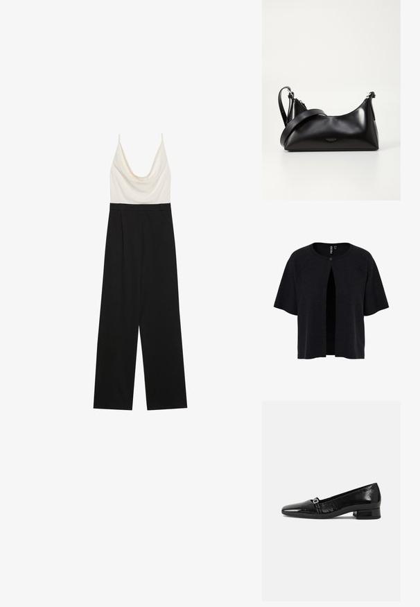 Jumpsuit mit Kapuzenkragen, der ein enganliegendes, elfenbeinfarbenes Oberteil und weite schwarze Hosen aus einem glatten, leichten Stoff kombiniert. Keine sichtbaren Verschlüsse.; Schwarze Strickjacke mit kurzen Ärmeln, offener Vorderseite und Knopfverschluss. Aus strukturiertem Material mit weiter Passform. Einfaches, minimalistisches Design.; Schwarze Lackleder-Ballettschuhe mit spitzem Zehenbereich, niedrigem quadratischem Absatz und einem kleinen metallischen Schnallenakzent am Riemen. Glatte Textur.; Schwarze lederne Handtasche mit glatter Textur. Verfügt über einen verstellbaren Riemen und ein elegantes, minimalistisches Design mit einem Reißverschluss.