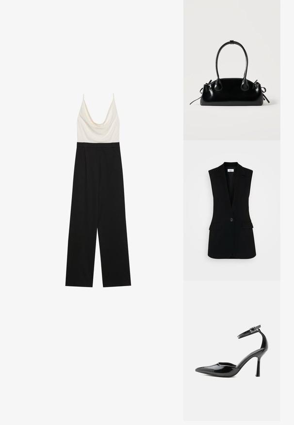 Jumpsuit met een kraag en een aansluitend ivoorkleurig bovenlichaam en wijde zwarte broekspijpen, gemaakt van een gladde, lichtgewicht stof. Geen zichtbare sluitingen.; Zwarte mouwloze vest met een op maat gemaakt ontwerp, voorzien van een enkele knoopsluiting, gestructureerde revers en zijzakken.; Zwarte lakleren pump met spitse neus, enkelriem en zilverkleurige gesp, stilettohak, zijaanzicht op effen achtergrond.; Kleine zwarte glanzende handtas met twee lange hengsels en zijkant trekkoord details op een effen lichte achtergrond.