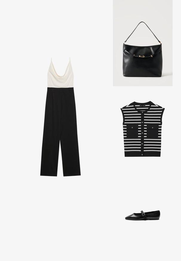 Combinaison à col bénitier présentant un corsage ajusté ivoire et un pantalon large noir, confectionnée dans un tissu léger et lisse. Sans fermetures visibles.; Haut sans manches à rayures noires et blanches avec un col rond, fermeture à boutons sur le devant et deux poches plaquées avec boutons-pression.; Chaussure noire plate en cuir avec un bout pointu, bride réglable avec une boucle en métal, texture lisse et design minimaliste.; Sac à épaule en cuir noir avec une bandoulière unique et un petit détail de boucle dorée à l'avant, sur un fond clair uni.
