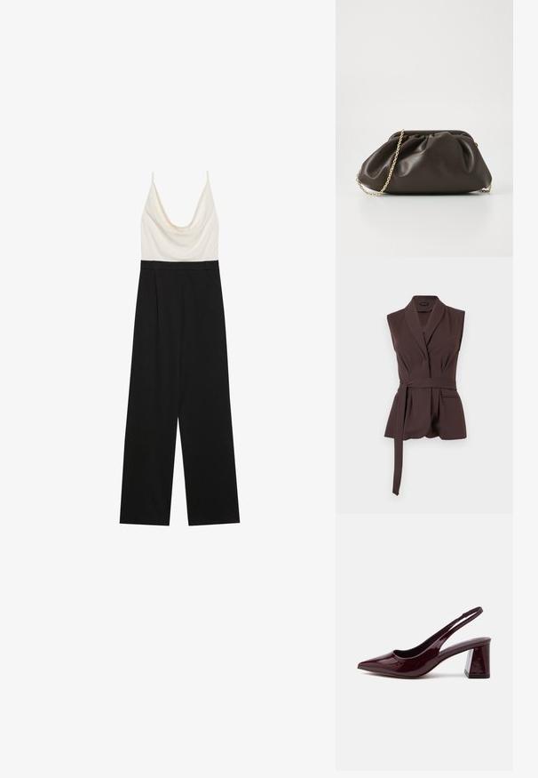 Combinaison à col bénitier présentant un corsage ajusté ivoire et un pantalon large noir, confectionnée dans un tissu léger et lisse. Sans fermetures visibles.; Veste sans manches marron foncé ajustée avec col châle et ceinture longue en tissu fixée, poches avant, coupe structurée sur fond blanc.; Escarpin slingback bordeaux foncé brillant avec bout pointu et talon bloc, vu de côté sur fond blanc.; Sac à main en cuir marron avec un design froncé, une bandoulière en chaîne dorée et une finition douce et texturée. Sa forme compacte est idéale pour une utilisation en soirée.