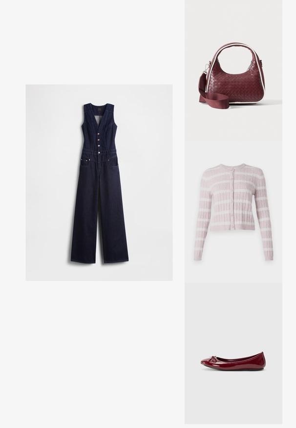 Denim-Overall in Dunkelblau mit V-Ausschnitt, ärmellosem Design, fünf vorderen Knöpfen und weitem Bein. Verfügt über zwei Seitentaschen.; Helles pinkes Strickjäckchen mit weißen horizontalen Streifen, durchgehende Knopfleiste, runder Halsausschnitt und langen Ärmeln.; Balletschuh aus glänzendem burgunderfarbenem Lackleder, mit runder Zehe und kleinem Schleifendetail an der Vorderseite. Glatte Textur, niedriger Absatz.; Dunkelrote gewebte Ledertasche mit gebogenem Griff, weißem Besatz, silbernem Reißverschluss und abnehmbarem breitem Stoff-Schulterriemen vor einfarbigem Hintergrund.