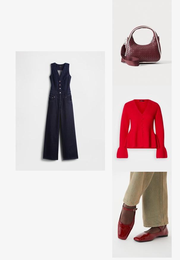 Denim-dragter i mørkeblå med v-udskæring, ærmeløs design, fem knapper foran og vide ben. Har to sidelommer.; Rød strik cardigan med V-hals, knaplukning og peplum-kant. Har ribbede ærmer og en blød tekstur.; Røde patentlæder sko med firkantet tå, lav hæl og ankelrem, parret med lysegrønne vide bukser. Glat tekstur, reflekterende overflade.; Mørkerød vævet lædertaske med buet hank, hvid kant, sølv lynlås og aftagelig bred stofskulderrem mod en ensfarvet baggrund.