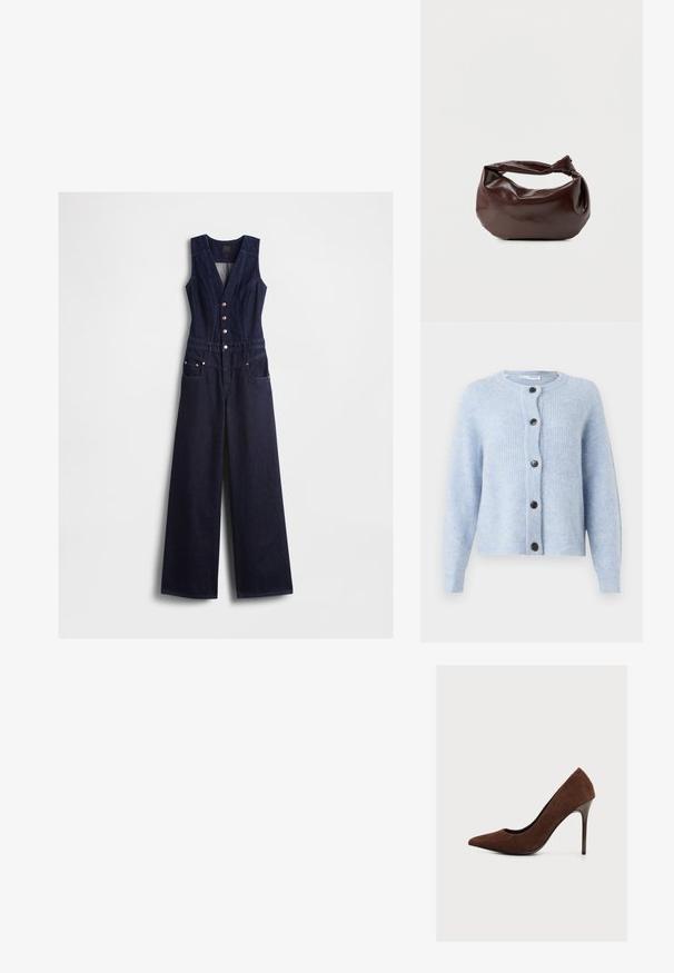 Donkere blauwe denim jumpsuit met een V-hals, mouwloos ontwerp, vijf knopen aan de voorkant en brede pijpen. Voorzien van twee zijzakken.; Lichtblauwe cardigan van zacht, ribbelachtig materiaal, met een ronde halslijn, lange mouwen en zes zwarte knopen aan de voorkant.; Even&Odd Hoge hakken - brown; Donkerbruine leren schoudertas met een zachte, slungelige vorm en een gedraaide knoopvormige handgreep op een effen witte achtergrond.