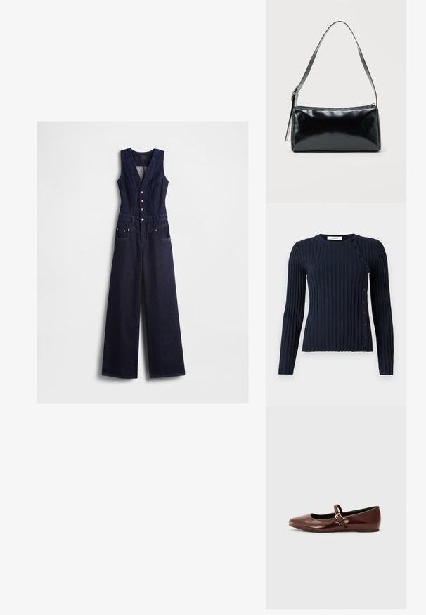 Mono vaquero en azul oscuro con cuello en v, diseño sin mangas, cinco botones delanteros y piernas anchas. Cuenta con dos bolsillos laterales.; Suéter de punto de canalé azul marino de manga larga con escote redondo y cierre de botones en el lado izquierdo. Fabricado con un material de punto suave.; Bailarina de charol marrón con punta cuadrada y tira que presenta una pequeña hebilla dorada. Textura suave, tacón bajo y diseño minimalista.; Bolso de hombro rectangular negro con una correa ajustable y un cierre de cremallera superior sobre un fondo liso.
