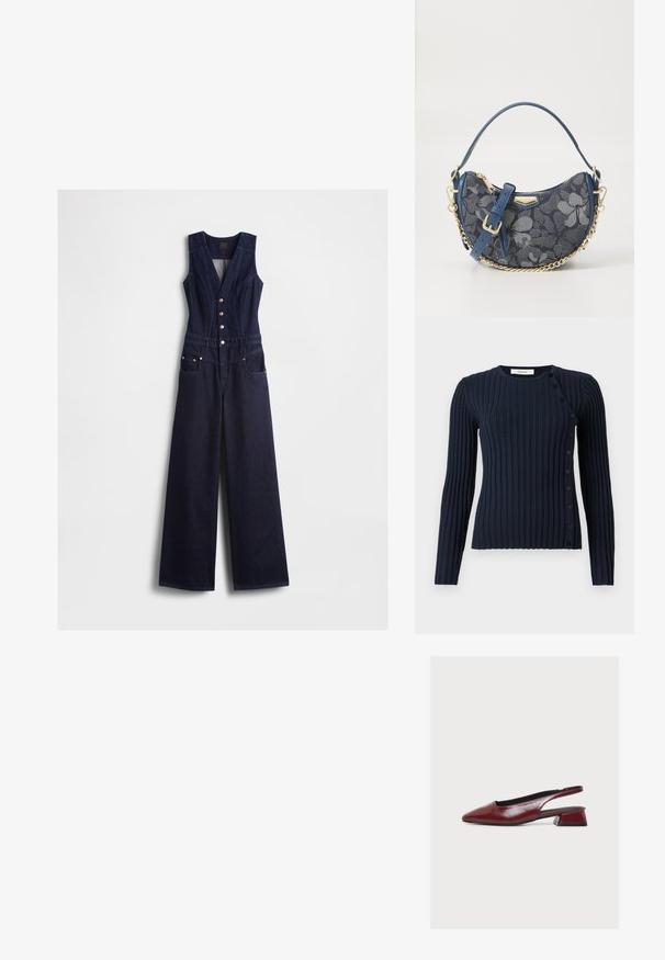 Denim-dragter i mørkeblå med v-udskæring, ærmeløs design, fem knapper foran og vide ben. Har to sidelommer.; Marineblå rillestrikket langærmet sweater med rund halsudskæring og knaplukning på venstre side. Fremstillet af et blødt strikket materiale.; Bordeauxrød læder slingback-sko med spids tå og lav blokhæl, vist fra siden på hvid baggrund.; ALDO SANDROSE - Håndtasker - medium blue