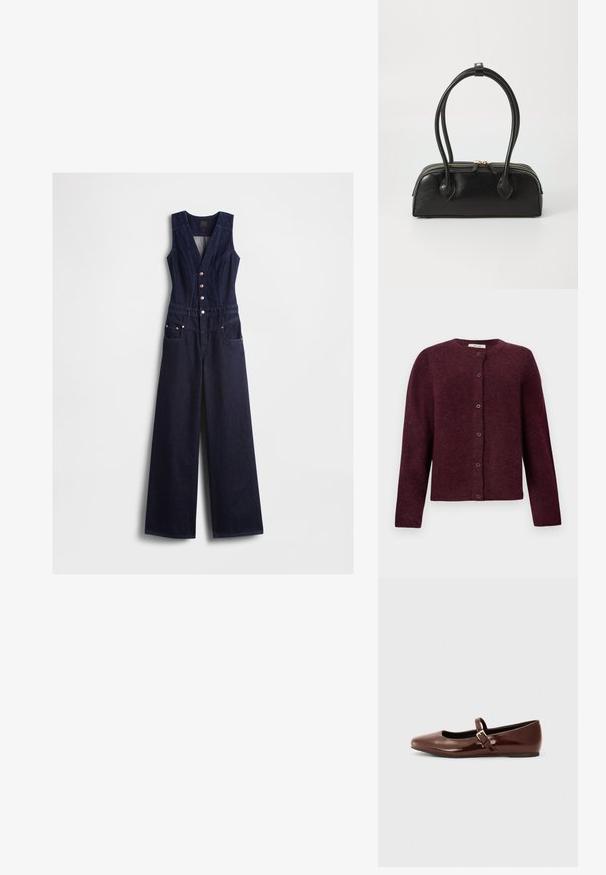 Denim-dragter i mørkeblå med v-udskæring, ærmeløs design, fem knapper foran og vide ben. Har to sidelommer.; Mørkerød cardigan lavet af blødt stof, med lange ærmer, rund halsudskæring og seks knaplukninger foran.; Brun patentlæder balletflade med firkantet tå og strop med en lille guldbuckle. Glat tekstur, lav hæl og minimalistisk design.; Sort læder håndtaske med to langstrakte håndtag, lynlåslukning og afrundet form; glat tekstur med en subtil blank finish.