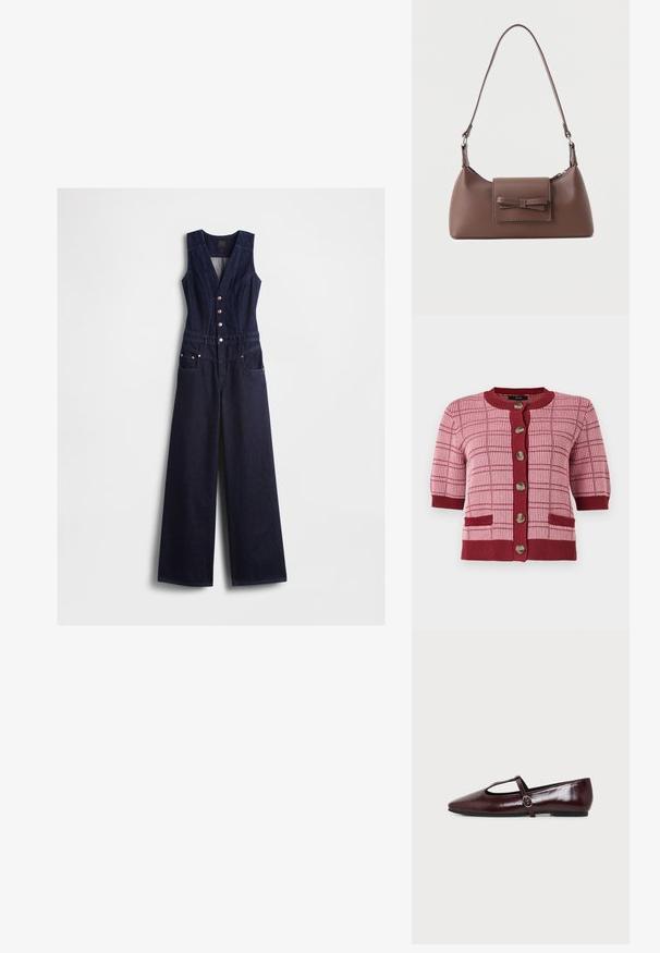 Denim-Overall in Dunkelblau mit V-Ausschnitt, ärmellosem Design, fünf vorderen Knöpfen und weitem Bein. Verfügt über zwei Seitentaschen.; Rosa und burgunderfarbener Strickcardigan mit kurzen Ärmeln, großen Knöpfen entlang der Vorderseite, karierter Musterung und zwei vorderen Taschen.; Dunkelburgunderfarbener flacher Lederschuh mit spitzer Spitze und einem dünnen T-Riemen mit silberner Schnalle auf weißem Hintergrund.; Braune Leder-Umhängetasche mit einer vorderen Klappentasche, die ein gestepptes Schleifendetail und einen verstellbaren Riemen aufweist.