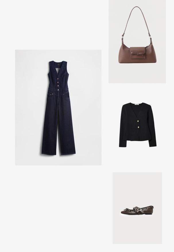 Denim-dragter i mørkeblå med v-udskæring, ærmeløs design, fem knapper foran og vide ben. Har to sidelommer.; Sort strikket cardigan med v-udskæring, fremhævet af to guldknapper og en let udvidet kant. Blød struktur og lange ærmer.; Brun læder flad sko med dobbelte sølvspænder, dekorative snørebånd langs kanterne og en lille sløjfe på den spidse tå.; Brun skuldertaske i læder med en frontlomme med klap, der har en sydd sløjfedetalje, og en justerbar rem.