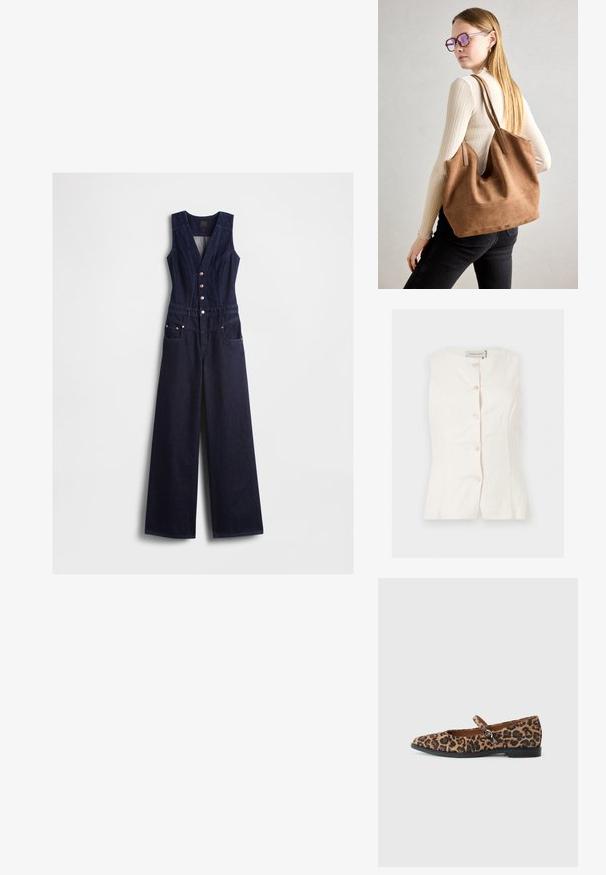 Donkere blauwe denim jumpsuit met een V-hals, mouwloos ontwerp, vijf knopen aan de voorkant en brede pijpen. Voorzien van twee zijzakken.; Mouwloze witte blouse met knopen, ronde halslijn en aansluitende taille details, gelabeld "Anna Field."; Leopardprint platte schoen met een ronde neus, een zwarte band over de wreef en een lage zwarte zool. Zachte stoffen textuur.; Bruine suède totebag met zachte textuur, grote opening en lange hengsels. Het heeft een eenvoudig ontwerp met zichtbare stiksels en geen hardware.