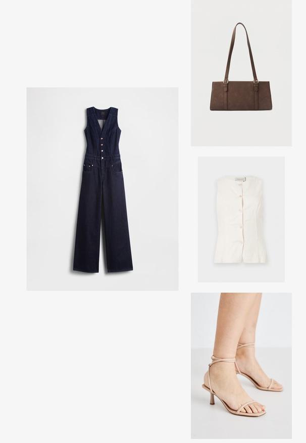 Denim-dragter i mørkeblå med v-udskæring, ærmeløs design, fem knapper foran og vide ben. Har to sidelommer.; Ærmeløs hvid skjorte med knapper, rund halsudskæring og taljeret detalje, mærket "Anna Field."; Nude strop sandals med en tynd ankelrem, et firkantet tådesign og en lille blokhælt. Glat tekstur med minimal detaljering.; Brun rektangulær skuldertaske med lange stropper og minimale syningsdetaljer på en ensfarvet baggrund.