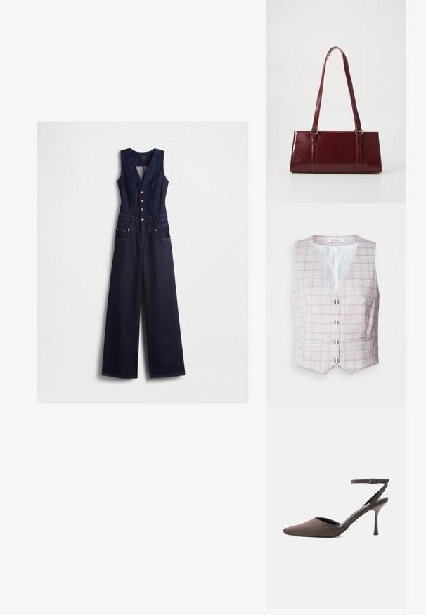 Mono vaquero en azul oscuro con cuello en v, diseño sin mangas, cinco botones delanteros y piernas anchas. Cuenta con dos bolsillos laterales.; Chaleco gris claro con patrón de cuadrícula rosa, escote en forma de V, seis cierres de botones plateados y dos bolsillos frontales. Fabricado en tela texturizada.; Zapato de tacón alto de ante marrón con punta afilada, correa fina en el tobillo y hebilla plateada sobre fondo blanco.; Bolso burdeos hecho de material brillante, de forma rectangular, con dos asas para el hombro y sutiles acentos curvados en la parte frontal.
