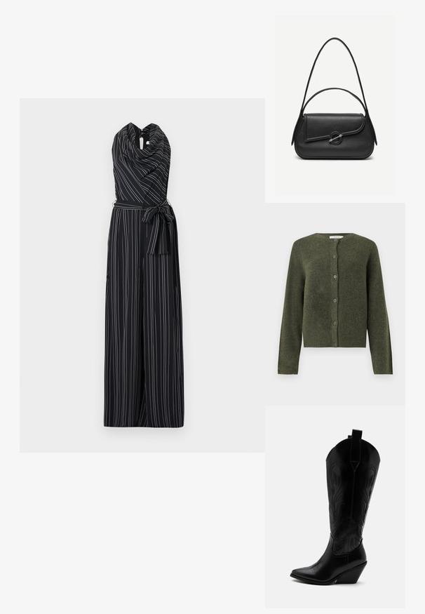 Mouwloze zwarte jumpsuit met witte verticale strepen, voorzien van een sjaalkraag, een ceintuur in de taille en wijde pijpen.; Olijfgroene wollen cardigan met knopen, lange mouwen en een ronde hals, ontworpen voor vrouwen.; Zwarte leren cowboylaars met puntige neus, schuine blokhak, decoratieve stiksels en aantreklusjes bovenaan tegen een witte achtergrond.; Zwarte leren handtas met afgeronde hoeken, asymmetrische klep, metalen ronde sluiting en zowel korte als lange schouderriemen.
