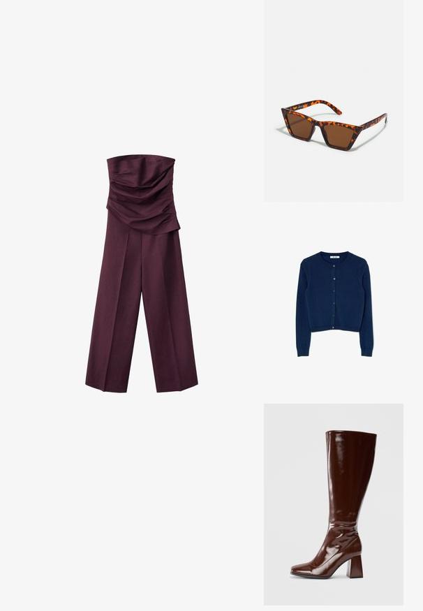 Stropfri blommefarvet jumpsuit med en rynket, foldet overdel og vidde bukser, vist mod en hvid baggrund.; Navyblå strikket cardigan med lange ærmer, rund halsudskæring og seks-knaps lukning foran. Har ribbede manchetter og nederste kant.; Knæhøje brune patentlæderstøvler med firkantet tå, glansfuld finish og en kraftig hæl for stabilitet. Sømløs design uden synligt hardware.; Brune tonede solbriller med et skildpadde-mønster, vinklede stel og slanke arme. Letvægts plastmateriale.