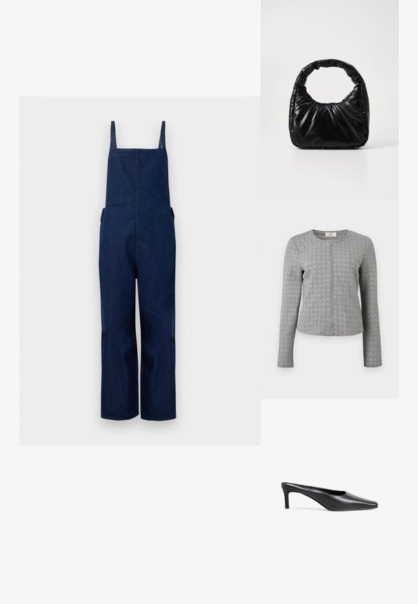 Tumed denim üleüldised püksid laia säärega, reguleeritavate rihmade ja küljetaskutega, millel on puhas, minimalistlik disain ja sile tekstuur.; Hall halli pikkade varrukatega tikanditega jakk esiluku, ümara kaela ja ševrooni mustriga tekstuuriga, valgel taustal.; Must musta sõrmenäppidega kontsad sõrmenäppidega, madala plokknina ja sileda tekstuuriga. Lihtne disain ilma kaunistusteta.; Must mustaga, millel on ümar käepide, särav ja sile pind ning pehme quiltitud tekstuur. Nähtavaid metallosi ega aktsente ei ole.