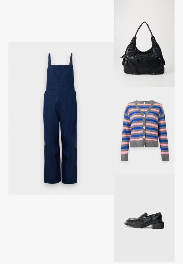 Marineblå denim overalls med brede ben, justerbare stropper og sidelommer, der har et rent, minimalistisk design og en glat tekstur.; Grå, stribet cardigan med pink og blå horisontale linjer, V-udskæring, lange ærmer og fem knaplukninger. Blødt materiale, cropped design.; Sorte læderloafers med en struktureret sål, der har en let forhøjet blokhæl og en tekstureret overdel, sikret med en frontrem.; Sort læder håndtaske med dobbelte håndtag, frontlynlåslommer og metalnitte detaljer, sat mod en ensfarvet lys baggrund.