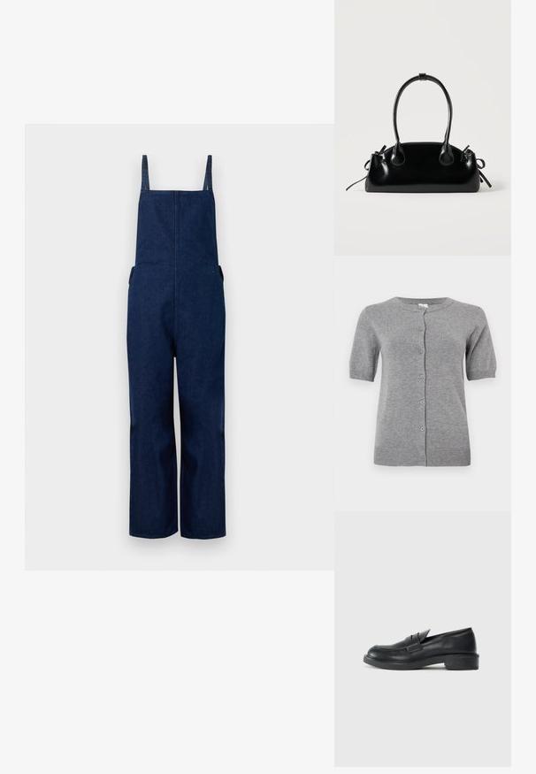 Marineblå denim overalls med brede ben, justerbare stropper og sidelommer, der har et rent, minimalistisk design og en glat tekstur.; Kortærmet, grå cardigan lavet af blødt strikmateriale, med rund hals og fem knaplukninger fortil.; Sorte læder loafers med rund tå, stikninger og en lille hæl. Glat tekstur og en fleksibel gummisål.; Lille sort blank håndtaske med to lange håndtag og snøre-detaljer i siden på en ensfarvet lys baggrund.