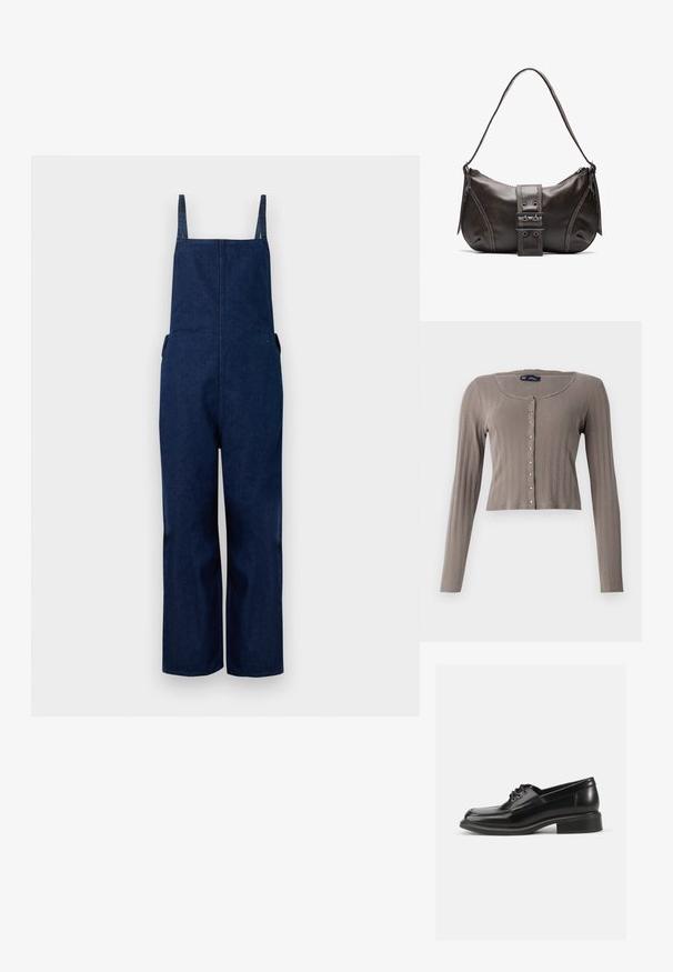 Pantalones de mezclilla azul marino con perneras amplias, tirantes ajustables y bolsillos laterales, que presentan un diseño limpio y minimalista con una textura suave.; Cárdigan corto de manga larga en tejido de canalé marrón claro. Presenta un escote redondo y cierre de botones con acentos metálicos.; Zapato de dress de cuero negro con textura suave, puntera redondeada, dos ojales para cordones y un sólido tacón cuadrado. Diseño simple sin patrones.; Bolso de hombro de cuero marrón con forma curva, que presenta un prominente detalle de hebilla, costuras en contraste y una sola correa para el hombro.