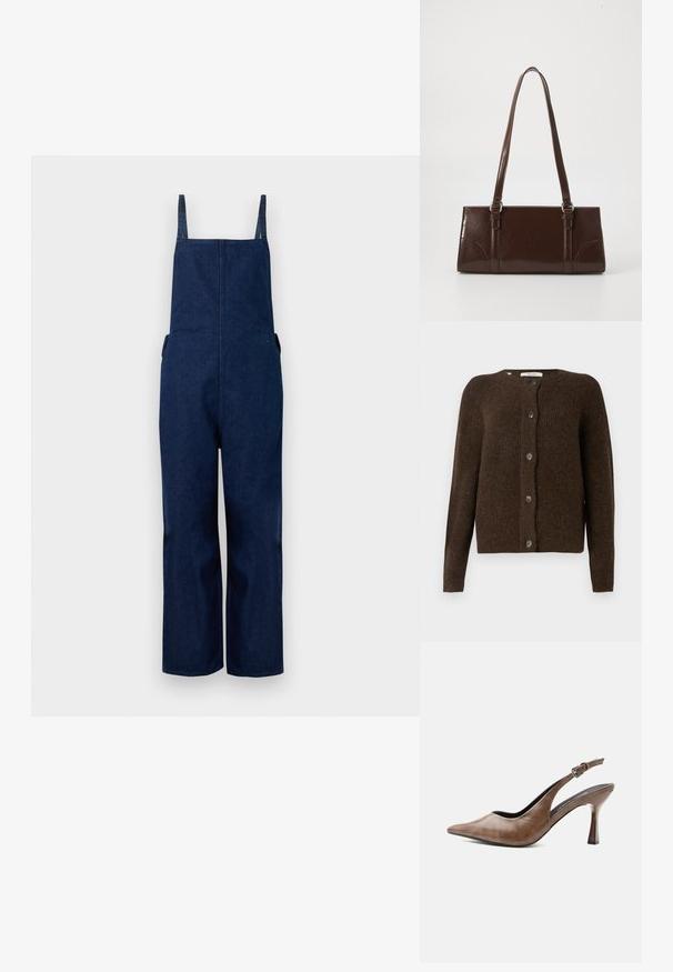 Marine denim dungarees met wijd uitlopende benen, verstelbare banden en zijzakken, met een strakke, minimalistische uitstraling en een zachte textuur.; Bruine gebreide cardigan van zachte stof, met een ronde halslijn, knopen aan de voorkant en lange mouwen. Geproduceerd met een gestructureerde afwerking.; Bruine leren slingback met hoge hak, spitse neus, verstelbare gesp en slanke taps toelopende hak.; Bruine lakleren handtas met een rechthoekige vorm, twee lange handvatten en subtiele gebogen accenten aan de voorkant.