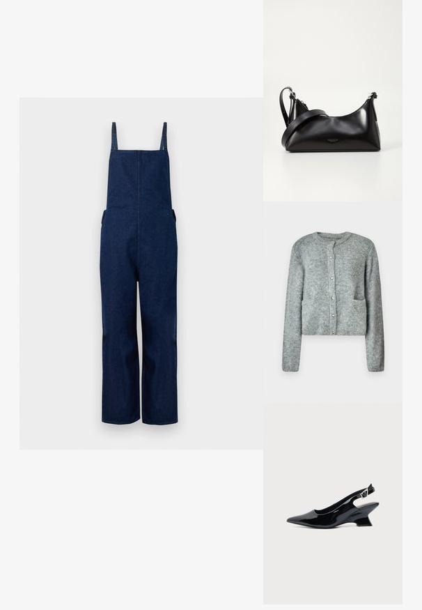 Salopette en denim marine avec jambes larges, bretelles ajustables et poches latérales, présentant un design épuré et minimaliste ainsi qu'une texture lisse.; Cardigan en tricot gris clair avec un col rond, une fermeture à boutons, des manches longues et deux poches avant. Texture douce et motif subtil.; Chaussure slingback en cuir verni noir avec bout pointu et petit talon bloc incliné sur fond clair uni.; Sac à main en cuir noir avec une texture lisse. Dispose d'une bandoulière adjustable et d'un design élégant et minimaliste avec une fermeture éclair.