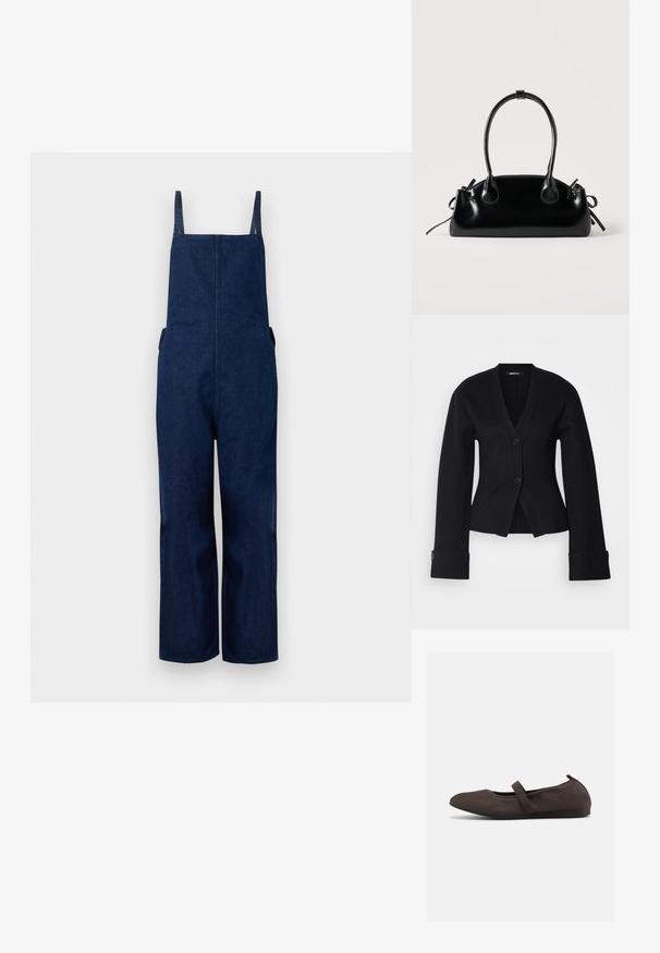 Marineblaues Denim-Overall mit weit ausgestellten Beinen, verstellbaren Trägern und Seitentaschen, das durch ein schlichtes, minimalistisches Design und eine glatte Textur besticht.; Schwarzer Cardigan mit tiefem V-Ausschnitt, zwei Knöpfen und weiten Ärmeln. Der Stoff wirkt glatt, mit einer figurbetonten Passform und taillierten Bündchen.; Brauner Ballettschuh mit elastischem Riemen und abgerundeter Spitze, seitliche Ansicht vor weißem Hintergrund.; Kleine schwarze glänzende Handtasche mit zwei langen Griffen und seitlichen Kordelzug-Details vor einfachem hellem Hintergrund.