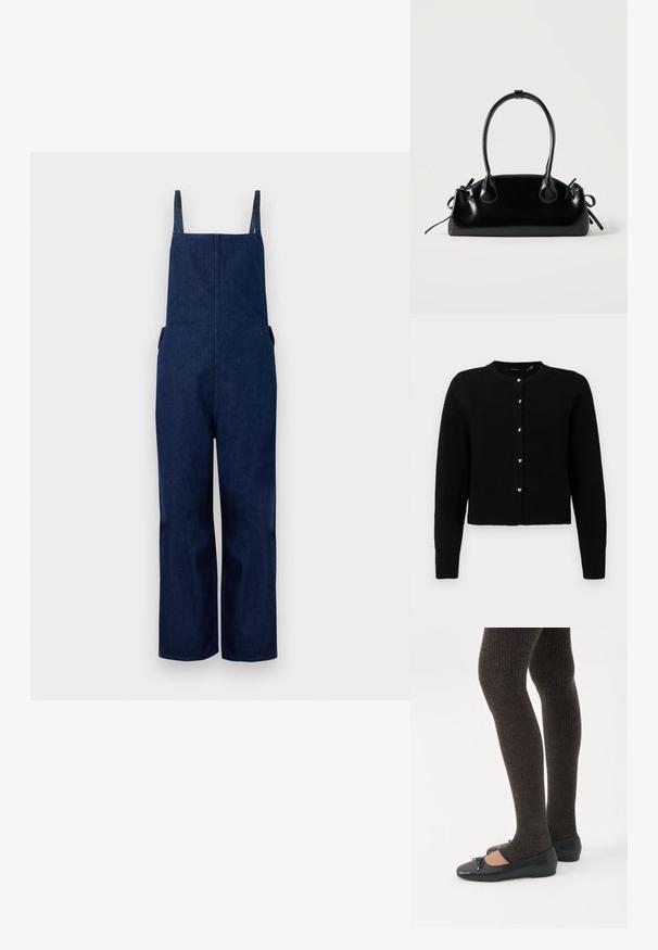Tumed denim üleüldised püksid laia säärega, reguleeritavate rihmade ja küljetaskutega, millel on puhas, minimalistlik disain ja sile tekstuur.; Mustan värvi kardigan, pehmeast kniidi kangast, ümar kaelus, pikad varrukad, viis hõbedast südamekujuline nuppu ees, soonikkoes alläär ja varrukaotsad.; Jalad seljas tumedad soonelises soonelises kombines mustade baleriinadega, millel on väikesed paelade detailid valgel taustal.; Väike must läikiv käekott kahe pika sangaga ja külgedel paelakinnitustega, ühel lihtsal helel taustal.
