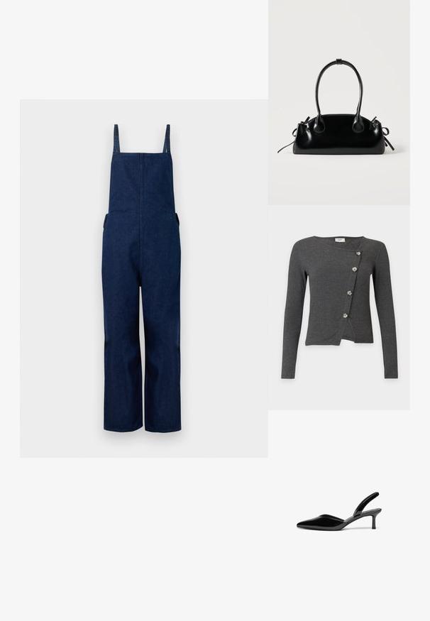 Pantalones de mezclilla azul marino con perneras amplias, tirantes ajustables y bolsillos laterales, que presentan un diseño limpio y minimalista con una textura suave.; Cárdigan gris oscuro de canalé con mangas largas y cierre asimétrico con cuatro botones de color claro en la parte delantera.; Tacones slingback de charol negro con punta afilada, tacón de aguja bajo y un diseño elegante y simple sin adornos.; Pequeño bolso negro brillante con dos asas largas y detalles de cordón lateral sobre un fondo claro liso.