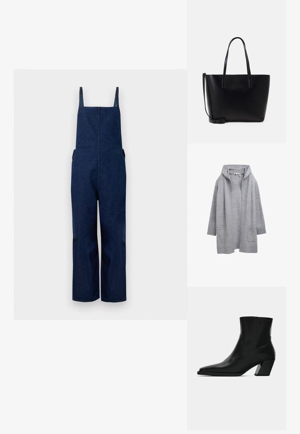 Marine denim dungarees met wijd uitlopende benen, verstelbare banden en zijzakken, met een strakke, minimalistische uitstraling en een zachte textuur.; Lichtgrijze open voorzijde gebreide cardigan met lange mouwen, ribbels aan de manchetten, zoom en twee frontale opgestikte zakken.; Zwarte leren enkelboot met een spitse neus, een slanke silhoeet en een chunky vierkante hak. Gladde textuur met minimale stikdetails.; Zwarte leren tote bag met twee lange handvatten, een gestructureerde vorm, een gladde textuur en een afneembare schouderband. Subtiele merkvermelding.